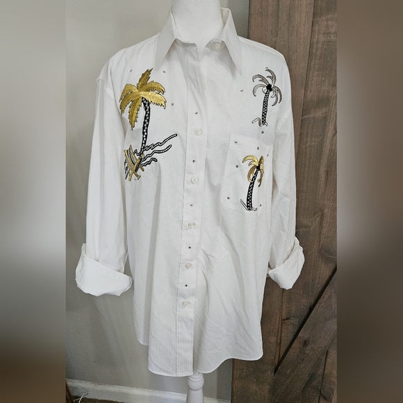Vintage LAS OLAS Embroidered Button Down Shirt with Tropical Print White/gold. S - Picture 5 of 14